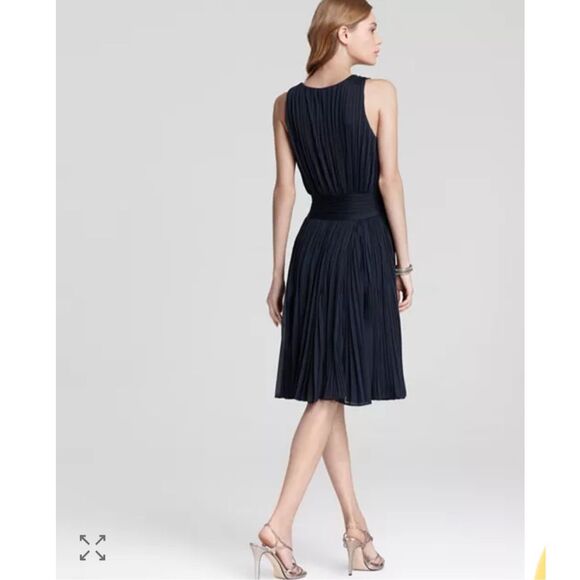 Halston Heritage Navy Pleated Cocktail Dress | V-Neck Sleeveless Fit & Flare | S - Picture 2 of 9